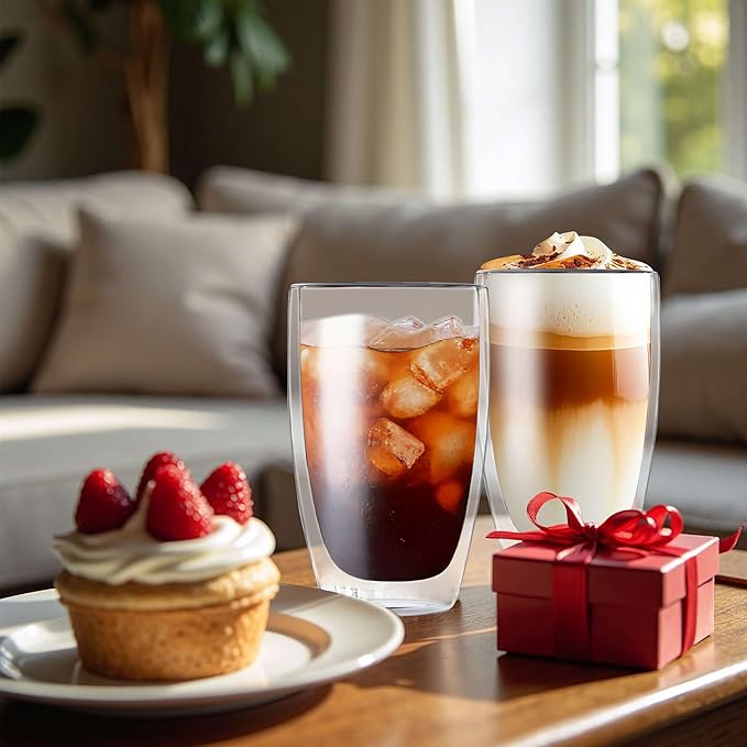 MESNEY 17oz Double Walled Glass Coffee Mugs, Glass Coffee Mugs Set of 6, Insulated Clear Cappuccino Latte Mugs for Home, Cafe & Restaurant, Durable Stackable Drinking Glasses