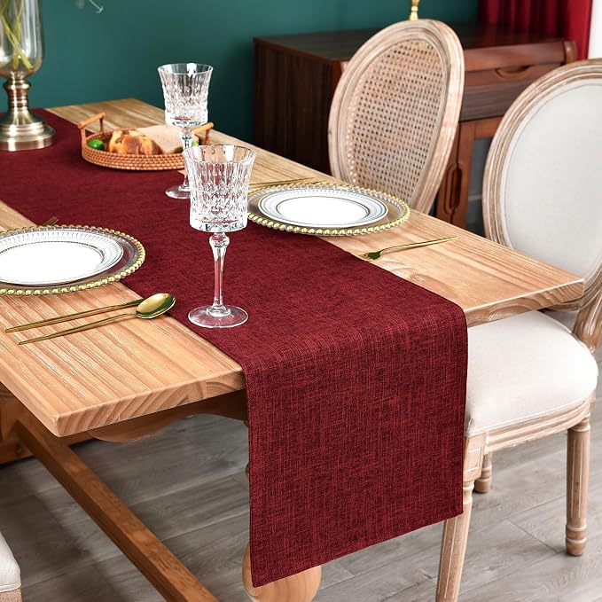 Farmhouse Rustic Faux Linen Table Runner Neutral Burgundy Table Runners Double Layer Reversible Rectangle Runners for Daily Use Kitchen Dining Banquet Holiday 13x72 Inch