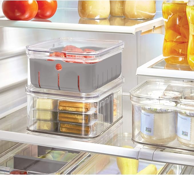 iDesign Plastic Crisp Divided Fruit and Vegetable Storage with Easy to Grip Integrated Handles Designed to Keep Food Fresh Longer, 8.32" x 6.32" x 3.76", 2 Section
