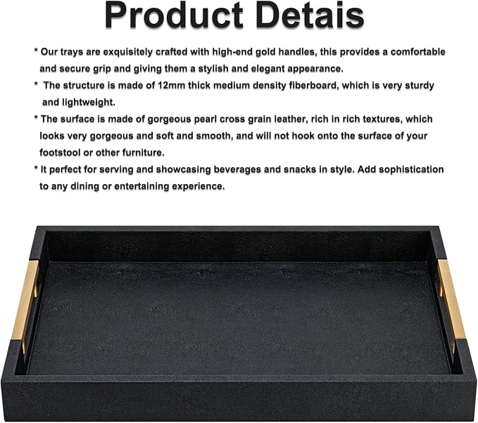 Black Faux Leather Large Square Tray with Handles – Decorative Serving for Coffee Table, Ottoman, Living Room & Bathroom