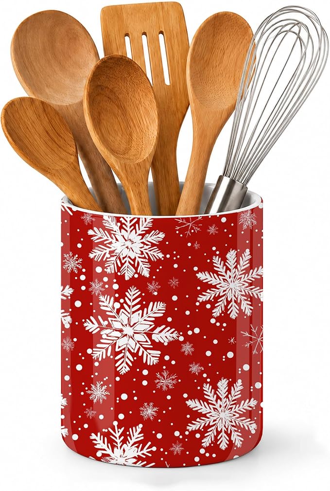 Snowflakes Kitchen Utensil Holder,Christmas Large Ceramic Utensil Crock Organizer for Spatulas,Spoons and Cooking Tools,Kitchen,Home Decoration 6.3"