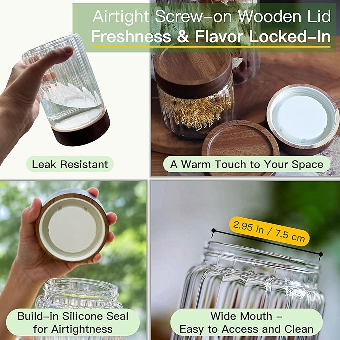3-pack 17+28+54 oz Borosilicate Glass Food Storage Jars with Airtight Screw Top Wooden Lids, Leak-Proof Decorative Kitchen Pantry Canister, Coffee Sugar Tea Spices, Overnight Oats, Meal Prep