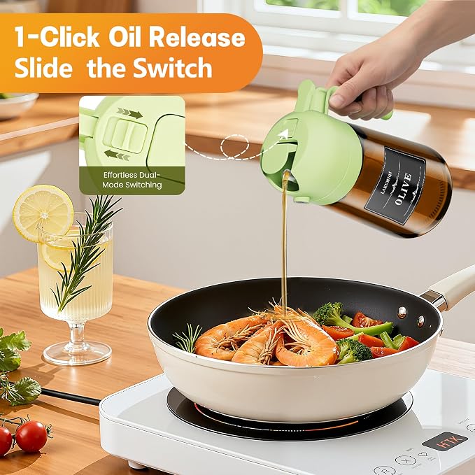OURCABECUE 2 in 1 Olive Oil Sprayer for Cooking, 16oz Olive Oil Dispenser Bottle for Kitchen, Light-Blocking Dark Glass Oil Bottle, Food-Grade Oil Mister with 8 Oil Stickers (Brown Bottle-Green Cap)