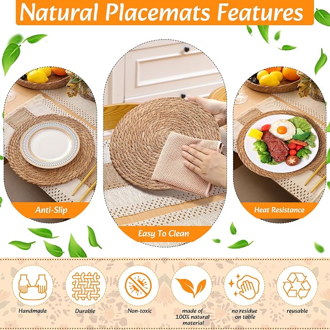 Boho Placemats 4/6/8 Set of Round Woven Placemat Macrame Style Bicolor Stitching Long Table Runner Farmhouse Rustic Natural Burlap Cotton for Kitchen Dining Table(4 Sets,Brown,12x72)