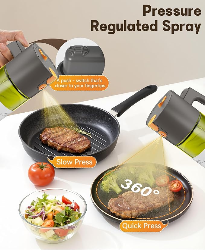 OURCABECUE Upgrade 2 in 1 Oil Sprayer for Cooking, 17oz Light-Blocking Glass Olive Oil Dispenser Bottle for Kitchen,Food-Grade Oil Mister with 8 Stickers for Salad, Frying (Green Bottle-Grey Gap)