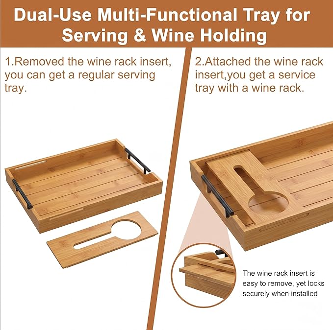 Serving Tray with Wine Glass Holder, Charcuterie Snack Tray with Handles for Wine, Cheese, Fruit and Nuts, Picnic Tray for Parties, Coffee Table and Entertaining