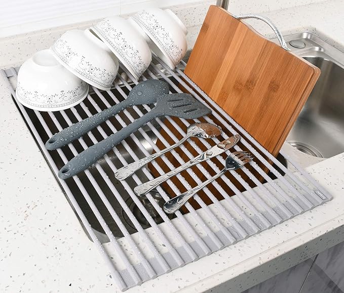 Surpahs 17.5 x 13.1 Inch Roll-Up Dish Drying Rack, Fits Across Sink Openings up to 16.5 Inches, Heavy-Duty Premium Silicone, Strong Support, Non-Slip, Heat-Resistant, Warm Gray