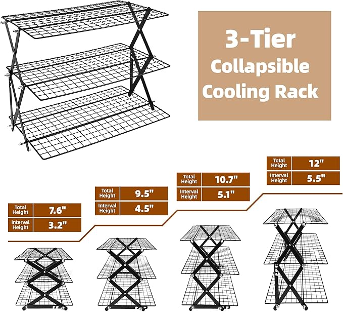 3 Tier Collapsible Cooling Rack with Adjustable 6 Setting Design stackable wire rack for baking sheet for Cookies Baking Gifts for Women (Black, 3-Tier)