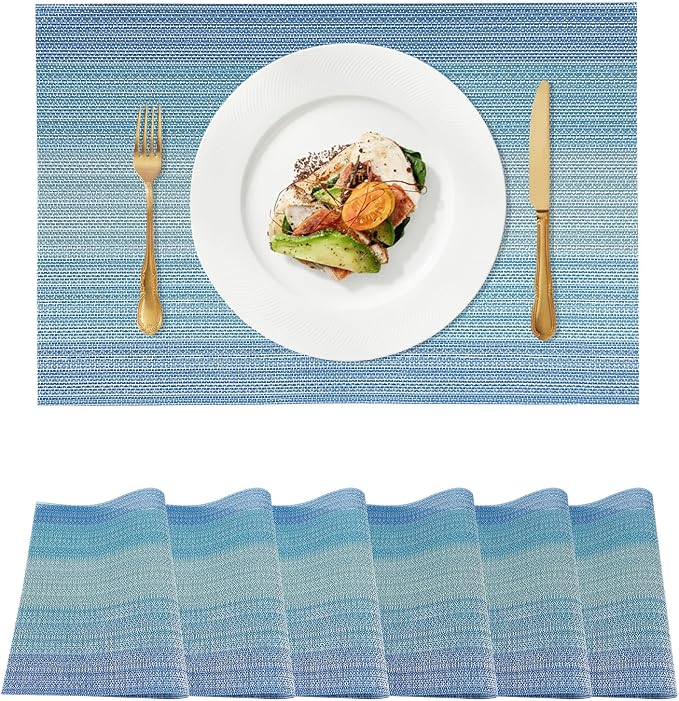 Placemats Set of 6, Vinyl Woven Placemats, Washable Heat-Resistant Durable Non-Slip PVC for Kitchen Dining Tables, Indoor/Outdoor Table Mats (Blue, 6)