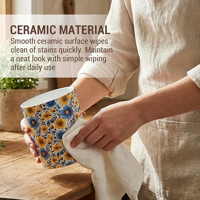 MyGift Vibrant Blue and Yellow Floral Ceramic Kitchen Utensil Holder – Decorative Crock for Cooking Utensils, Flatware, and Countertop Storage