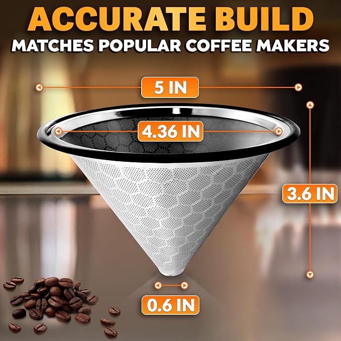 Pour Over Coffee Filter Reusable Stainless Steel - 600 Mesh Silver Cone with Black Ring for Bold, Full-Bodied Flavor, Compatible with Hario V60 & Chemex, Paperless Coffee Dripper with Cleaning Brush