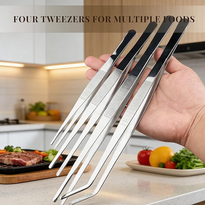 Kitchen Tweezers Tongs Set of 4, Stainless Steel Cooking Utensils, Straight & Bent Tip, Chef Tools (7.9″+ 9.8″+11.8″)