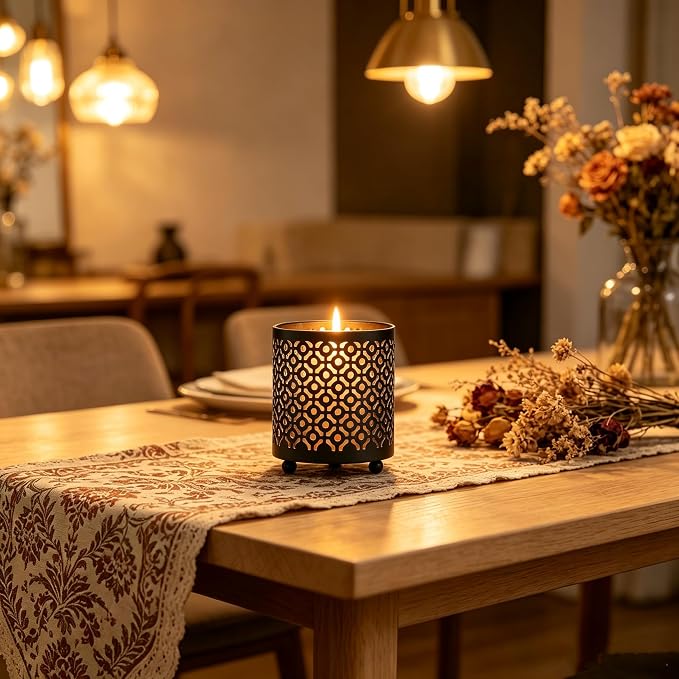 Hosley Set of 2 Black (Gold Inside) Metal Jar Holder Candle Sleeve 4.5" High. Votive, Tea Light Lanterns Ideal Gift for Weddings, Parties, Spa and Aromatherapy O6