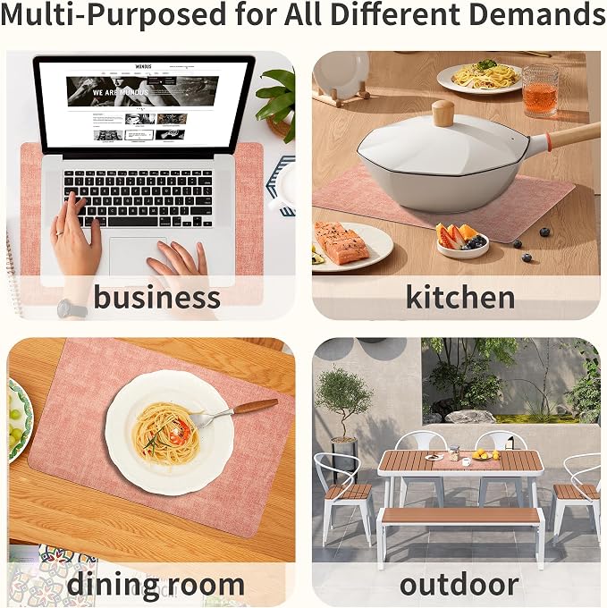 Maxpearl Faux Leather Placemats Set of 6 - Waterproof - Wipe Clean - Heat Resistant - Anti Slip Dining Table Place Mats, Suitable for Indoor & Outdoor Use, 17’’×12’’, Pink
