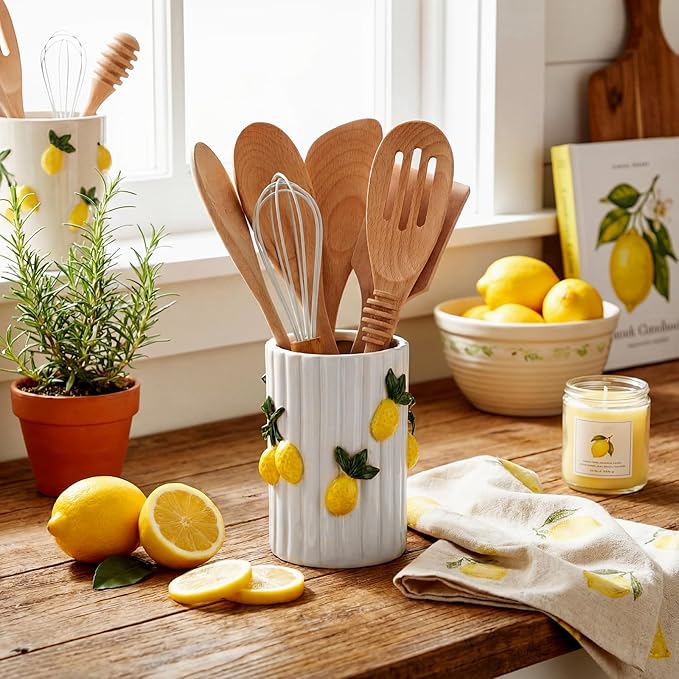 LemonRoad Lemon Kitchen Decor Ceramic Utensil Holder 3D Handmade Lemon Cooking Utensil Crock with Scalloped Edge Design Preppy Storage Caddy Organizer Vase Decor for Christmas Kitchen Countertop Gift