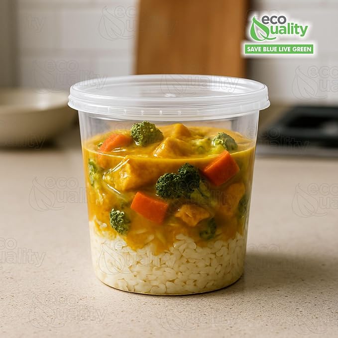 EcoQuality 24oz Clear Round Plastic Container with Lid - Disposable and Reusable Storage Containers for Leftovers, Meal Prep, Takeout, Catering, Picnics and Everyday Use (15)