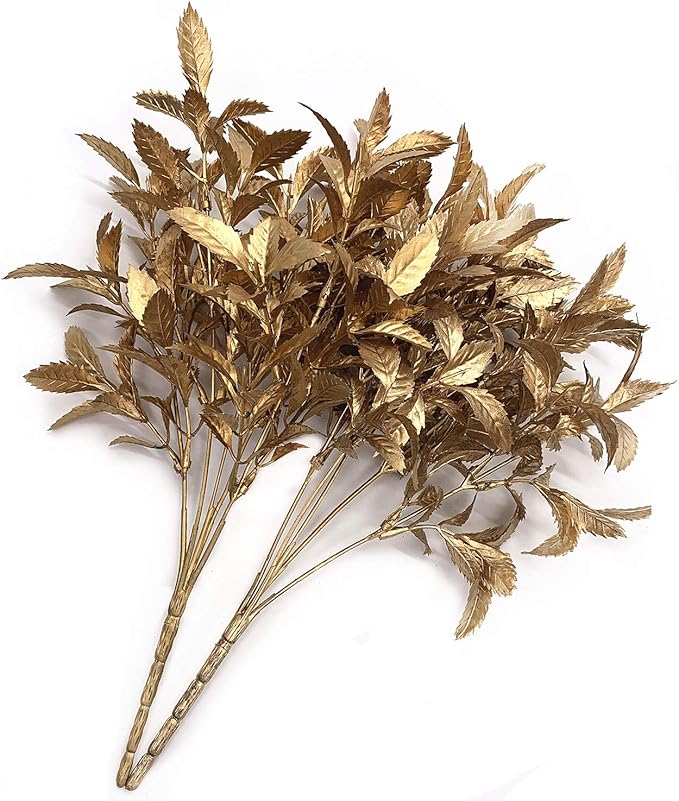 CATTREE Artificial Plants for Christmas, Plastic Grass Faux Shrubs Fake Leaves Simulation Bushes Home Indoor Outdoor Garden Wedding Festival Decoration Hall Office Table Planter Filler – Gold 2 Pack