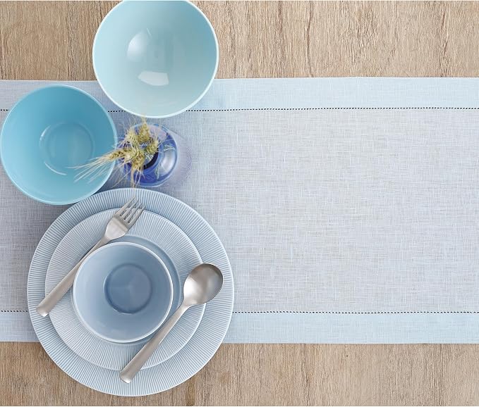Solino Home Linen Light Blue Table Runner 90 Inches Long - 100% Pure Linen Hemstitch 14 x 90 Inch Table Runner for Dining, Summer - Classic Hemstitch