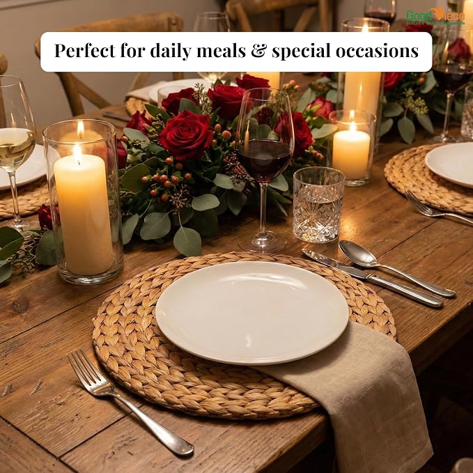 Woven Placemats Set, Handcrafted Water Hyacinth Round Rattan Place Mats for Dining Table, Natural Boho Wicker Farmhouse Table Decor, Indoor Outdoor Chargers (10, Rec - 17x14in)