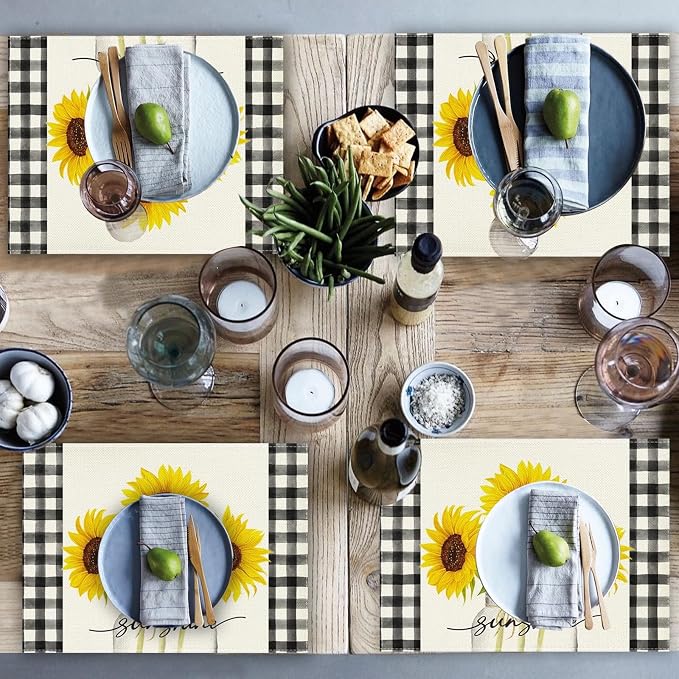 Niviy Sunflower Placemats Set of 6, 12x18 Inch Sunshine Vase Summer Spring Table Mats for Holiday Party Kitchen Dining Room Decoration