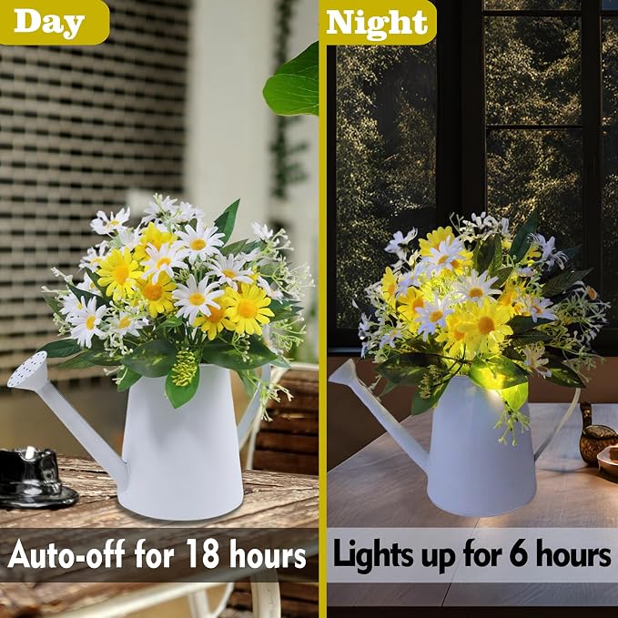 Eksen Artificial Daisy Flowers in Metal Pot with LED Lights & Timer – Silk Flower Arrangement, Faux Floral Table Centerpiece Decoration for Dining Room, Farmhouse, Home, Kitchen, Office,Spring Décor