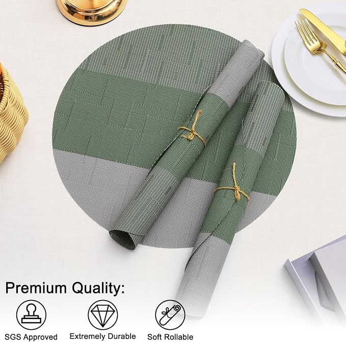Round Placemats Set of 6, 15 Inch Woven Vinyl Heat Resistant Place Mats, Washable Non Slip PVC Table Mats for Kitchen Dining Party Outdoor Table Decor (Gray Sage Green, 6)