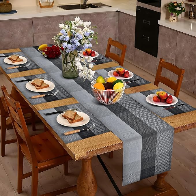 Aofmee Table Runner and Placemats Set of 6 Washable, Heat Resistant Place Mats with Table Runner, Woven Vinyl Table Placemats for Dining Table, Stain Resistant Kitchen Table Mats Sets, Easy to Clean