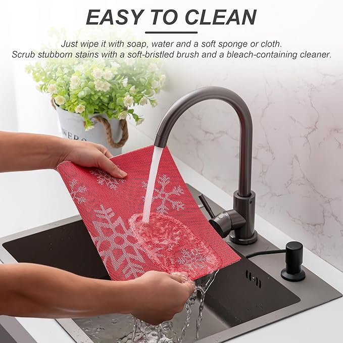 CADONO Placemats Set of 6 Washable Indoor/Outdoor Vinyl Place Mats for Dining Table Durable Non-Slip Heat Resistant PVC Weave Table Mats（Christmas Snow-Red）