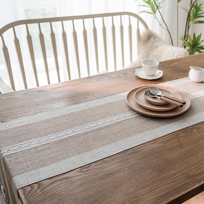 Niviy Farmhouse Table Runner, Embroidered Striped Braided Coffee Boho Table Runner, Cotton Linen Farmhouse Table Decoration for Holiday Party 12 x 108 Inches
