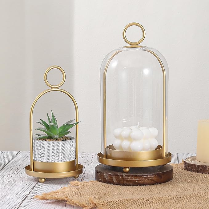 Versatile Metal Candle Holder Set with Handmade Glass Dome,Antique Brass Pillar Candle Stand, 5.2" & 4.1" Wide for Tabletop or Hanging, Industrial & Farmhouse Decor