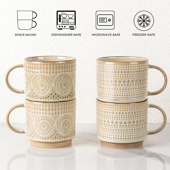GBhome 16OZ Stackable Coffee Mugs, Ceramic Coffee Mugs with Texture Patterns for Man,Woman,Dad,Mom, Modern Coffee Mugs Set of 4 for Latte/Cappuccino/Cocoa. Dishwasher&Microwave Safe
