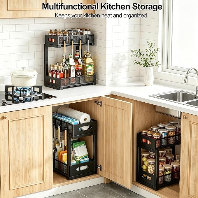 Under Sink Organizer, Pull Out Cabinet Organizer, Black | Rustproof Carbon Steel, 2 Tier Mesh Sliding Drawers, 5-Level Height Adjustable to Bypass Pipes, for Kitchen Bathroom Laundry