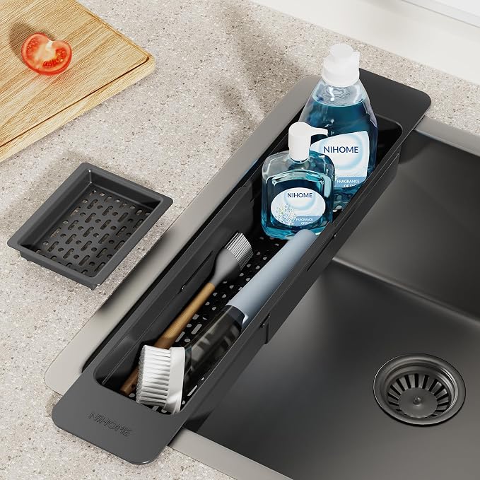 NiHome Extendable Sink Kitchen Organizer, Extra Long Telescopic Brush Storage Rack for Sponge, Non-Slip Pads Expandable Sink Caddy, Adjustable Sponge/Brush Rack with Drainage Durable ABS (Black)