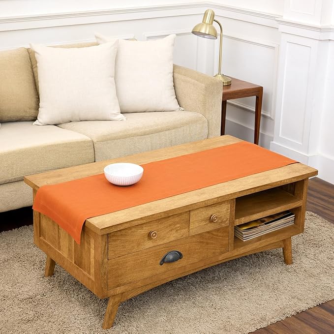 Solino Home Linen Table Runner 48 Inches - 100% Pure Linen Persimmon Orange Table Runner 14 x 48 Inch Ideal for Dresser and Coffee Tables - Spring, Summer - Fete