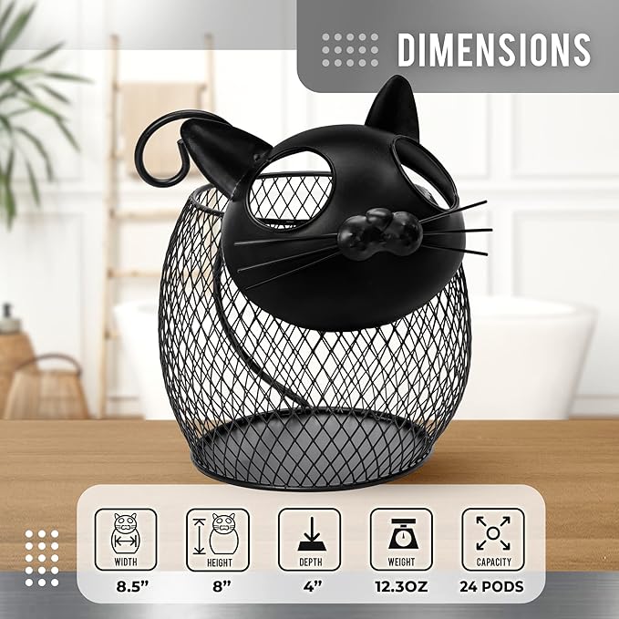 Made Easy Kit Cat Coffee Pod Holder Basket – Metal K-Cup Organizer for Countertop Coffee Bar – Cute Kitchen Décor Storage for Keurig Pods, Creamers & Capsules (25 Pod Capacity)