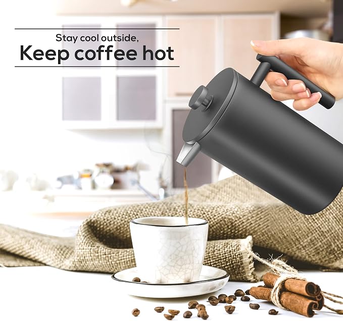 Utopia Kitchen 304 Grade Stainless Steel French Press 17 Oz, Black | Double Wall Insulated Coffee Press with 4-Level Filtration System, Include 2 Extra Filters, Rust-Free, Dishwasher Safe