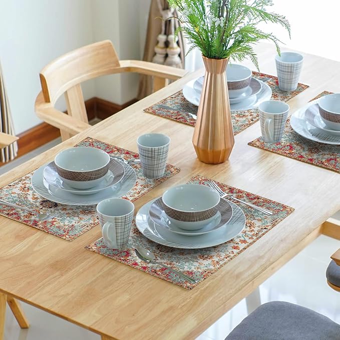 Ethnic Boho Placemats Set of 4 Bohemian Carpet Vintage Black Coral Floral Linen Washable Kitchen Dining Table Mats Stain Heat-Resistant Desktop Decor Place for Home Party Indoor 12x18 in