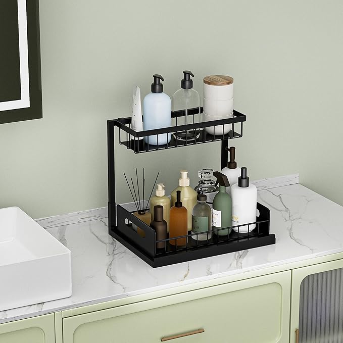 VUSIGN Under Kitchen Sink Organizer 2 Tier, Pull Out Bathroom Sink Organizers and Storage, Cabinet Kitchen Bathroom Storage Organization Shelf, 1 Pack Black