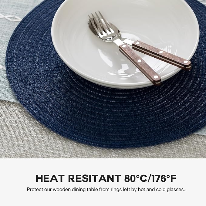 Round Placemats Set of 8 Woven Placemats Washable Braided Table Mats for Dining Table Heat Resistant Non-Slip Circle Place Mats(Navy Blue)