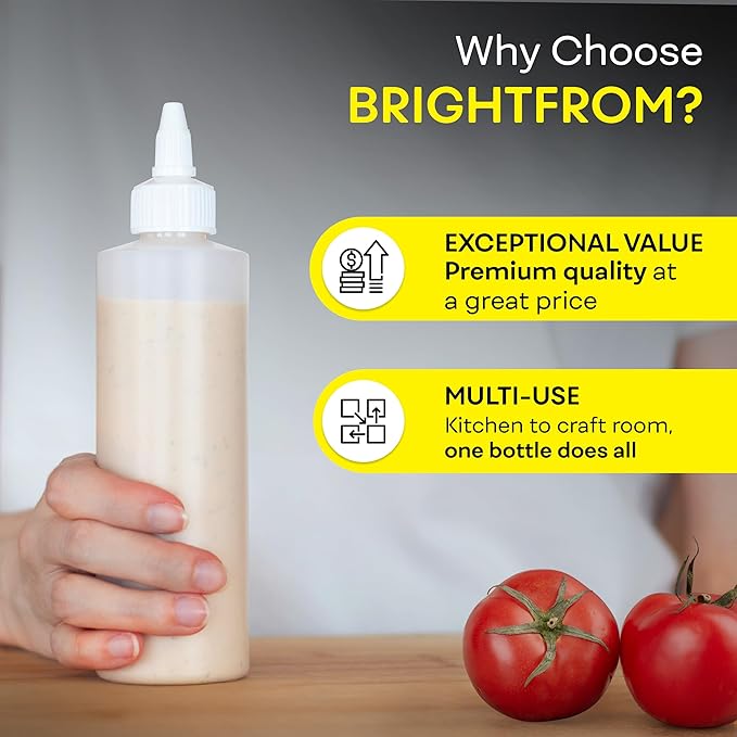 BRIGHTFROM Condiment Squeeze Bottles, 8 OZ Empty Squirt Bottle with Twist Top Cap, Leak Proof - Great for Ketchup, Mustard, Syrup, Sauces, Dressing, Oil, Arts and Crafts, BPA FREE Plastic - 3 PACK