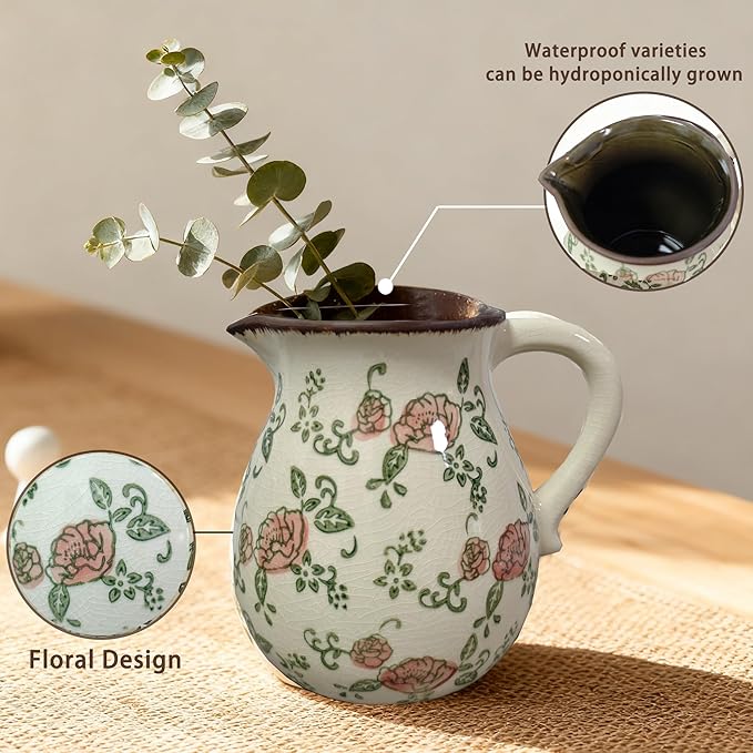 Ceramic Utensil Holder for Kitchen Counter, 6.1" Rustic Farmhouse Cooking Utensil Holder with Handle, Exquisite Chinoiserie Vintage Kitchen Utensil Organizer for Countertop Decor(Red flower)