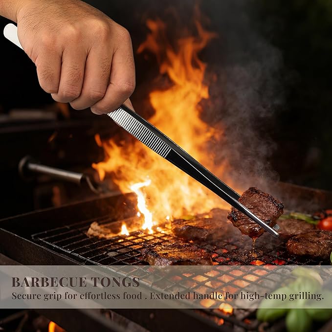 Kitchen Tweezers Tongs Set of 4, Stainless Steel Cooking Utensils, Straight & Bent Tip, Chef Tools (7.9″+ 9.8″+11.8″)