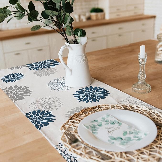 Snycler 13x108 Inch Table Runner Blue Grey Dahlia Pinnata Flower Table Runners Modern Elegant Pompon Farmhouse Geometric Table Center White Linen Decor for Home Dining Party Entrance