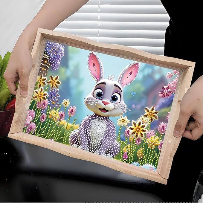 BAYUNOE 2Pcs DIY Diamond Serving Tray Rectangular Breakfast Tray with Handle Handmade Diamond Art Painting Wooden Tray Spring Creative Dinner Plate Coffee Room Living Home Organizer-03