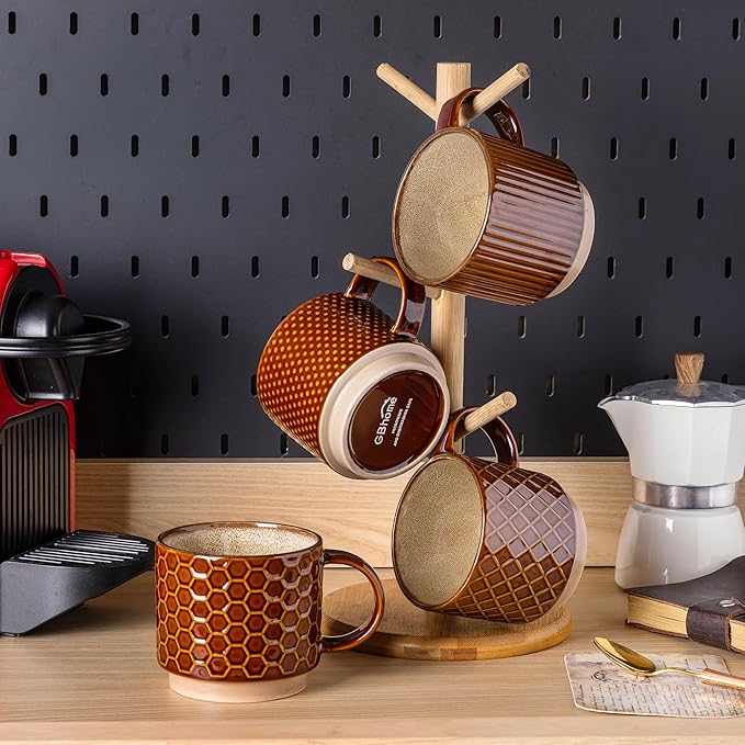 GBhome 12 OZ Stackable Coffee Mugs, Ceramic Coffee Cups with Texture Patterns for Man,Woman,Dad,Mom, Modern Mugs Set of 4 for Latte/Cappuccino/Cocoa. Dishwasher&Microwave Safe