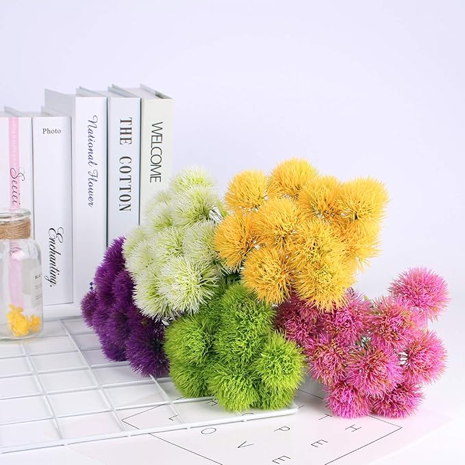 CATTREE Artificial Dandelion Flowers 5 Color x 2pcs Purple Pink White Green Yellow - Total 10 Pcs. Plastic Plants Shrubs Bushes Fake Grass Wedding Indoor Outdoor Home Garden Decoration Planter Filler