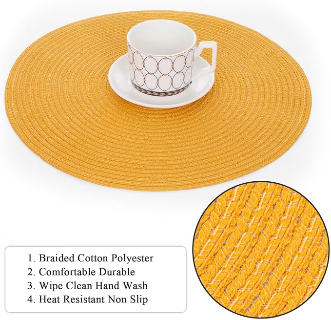SHACOS 15 inch Round Braided Placemats Set of 6 Non Slip Washable Kitchen Table Place Mats Cotton Polyester Heat Resistant Table Mats for Home Wedding Dinner Party Table Decor, Mustard Yellow