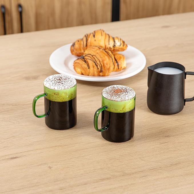 Restaurantware Glass Coffee Mug 2 Count 7 Oz Borosilicate Tea Cup with Ergonomic Handle, Dishwasher-Safe Green Thermal Resistant Mug for Hot and Cold Drinks