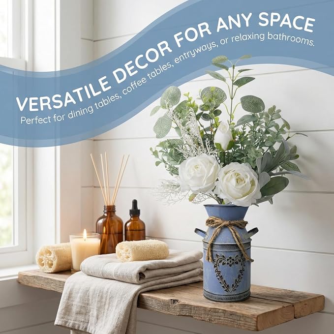 Faux Flowers in Vase 17.5" H Artificial Silk Roses Flower Fake Plants Eucalyptus Arrangement in Metal Vase Faux Silk Floral for Dining Table Centerpieces Home Office Decoration (White/Blue Vase)