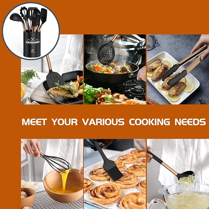 Silicone Cooking Utensil Set, Umite Chef Kitchen Utensils 15pcs Cooking Utensils Set Non-stick Silicone Rose Gold Handle Cooking Tools Whisk Kitchen Tools Set - Balck